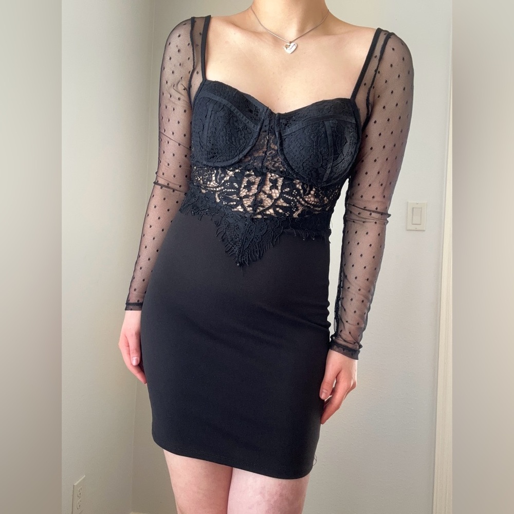 Black mesh long sleeve corset top with polka dots and sheer lace detailing #goth